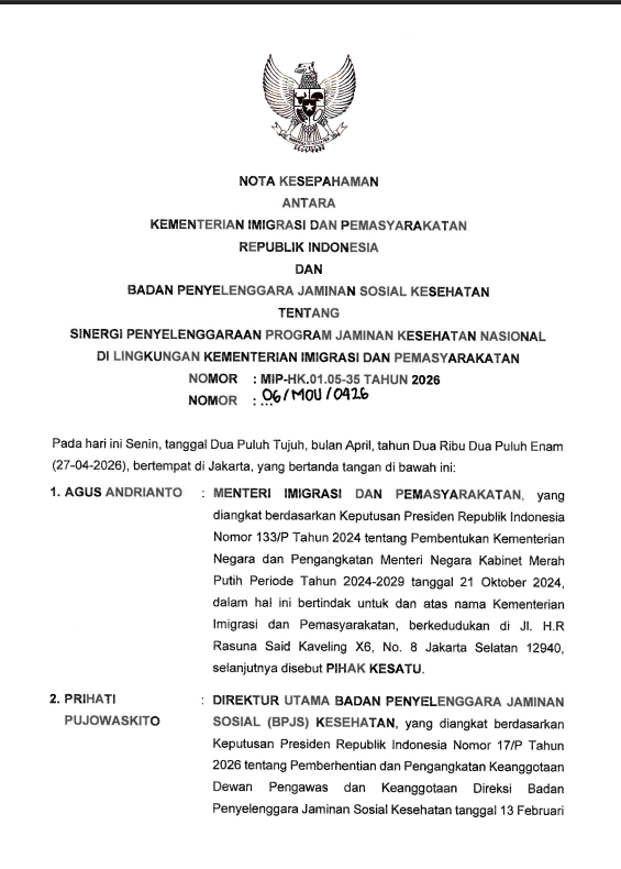 Nota Kesepahaman Antara Kementerian Imigrasi dan Pemasyarakatan dan Badan Penyelenggaraan Program Jaminan Kesehatan Nasional (BPJS)